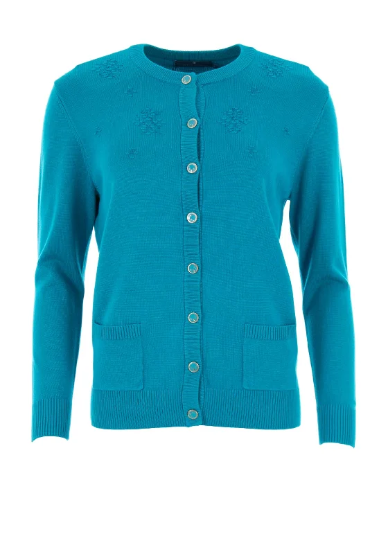 Castle of Ireland Embellished Button Up Cardigan, Teal Spandex Blend Rayon Blend Denim Blend Spandex Blend Rayon Blend Denim Blend