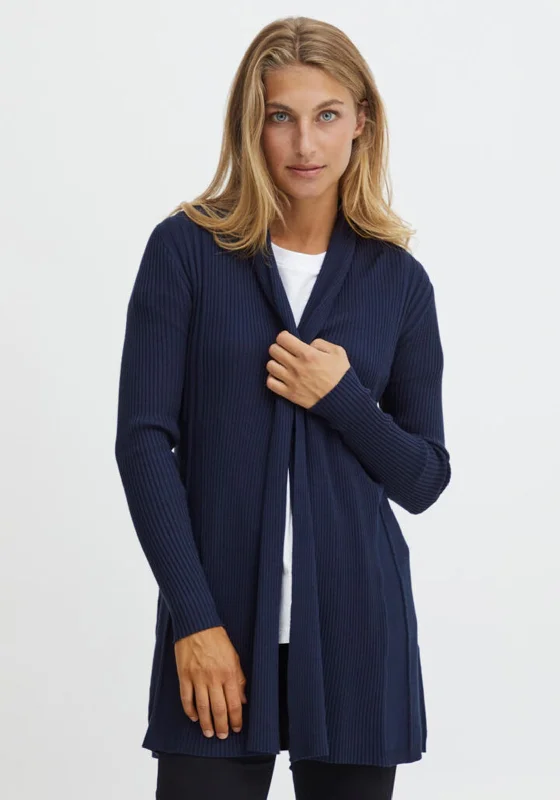 Fransa Ribbed Mid Length Open Cardigan, Navy Wool Cardigan Cotton Cardigan Cashmere Cardigan Wool Cardigan Cotton Cardigan Cashmere Cardigan