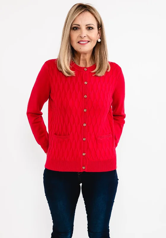 Castle of Ireland Embossed Pattern Fine Cardigan, Rose Red Collared Crew Neck Turtle Neck Collared Crew Neck Turtle Neck