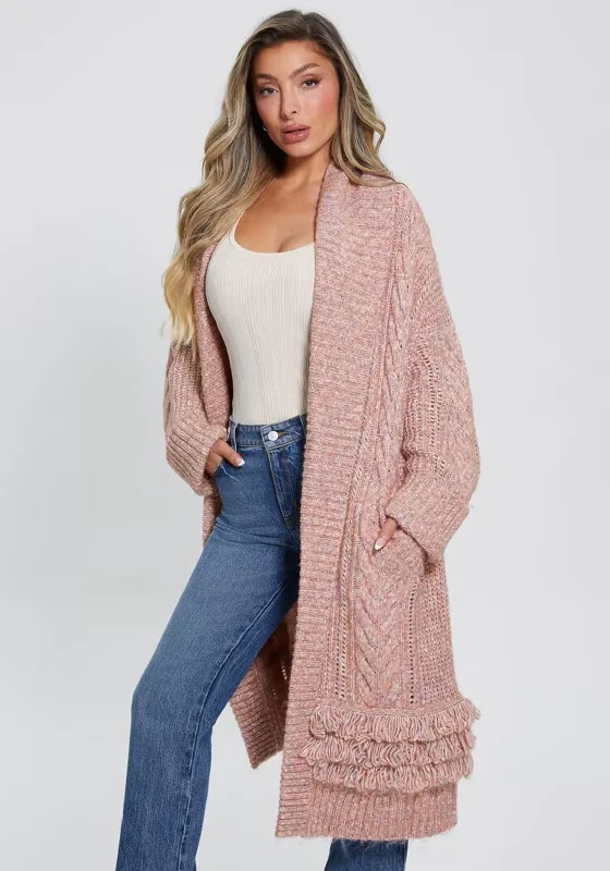 Guess Womens Long Chunky Knit Cardigan, Pink Multi Tailored Straight A-Line Tailored Straight A-Line