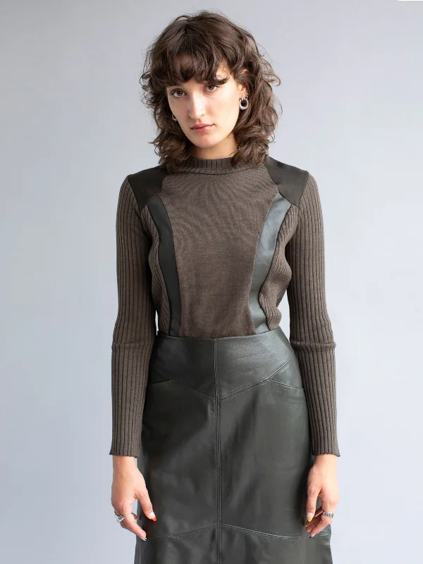 Rib Knit Top with Leather Trim Luxury Knit Top