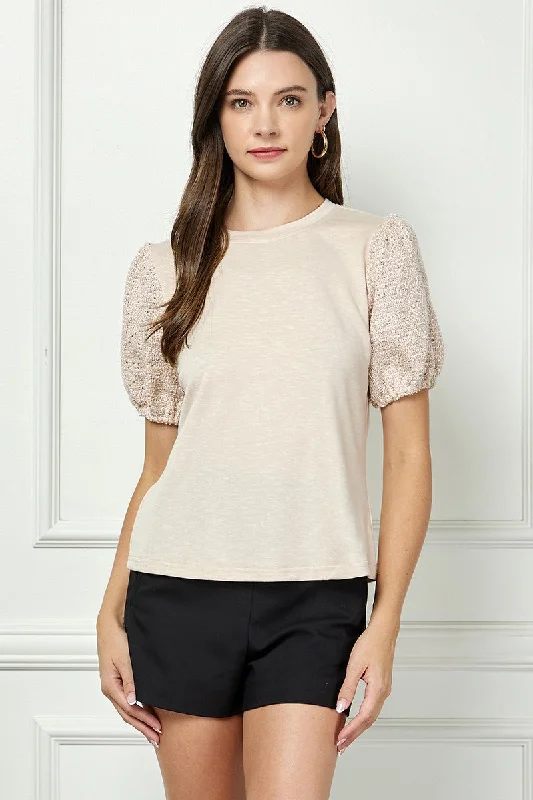 TAUPE ROUND NECK SEQUIN PUFF SHORT SLEEVES DETAILED KNIT TOP AVT51169K Modern Knit Blouse