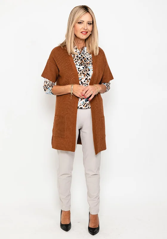 Rabe Short Sleeve Long Knit Cardigan, Brown Open Front Closed Front Wrap Front Open Front Closed Front Wrap Front