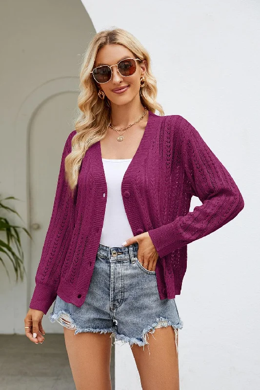 Openwork Button Front V-Neck Cardigan Transparent Opaque Sheer Transparent Opaque Sheer Openwork Button Front V-Neck Cardigan Transparent Opaque Sheer Transparent Opaque Sheer