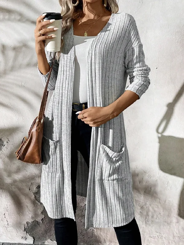 Ribbed Open Front Long Sleeve Cardigan with Pockets Fitted Loose Oversized Fitted Loose Oversized Ribbed Open Front Long Sleeve Cardigan with Pockets Fitted Loose Oversized Fitted Loose Oversized