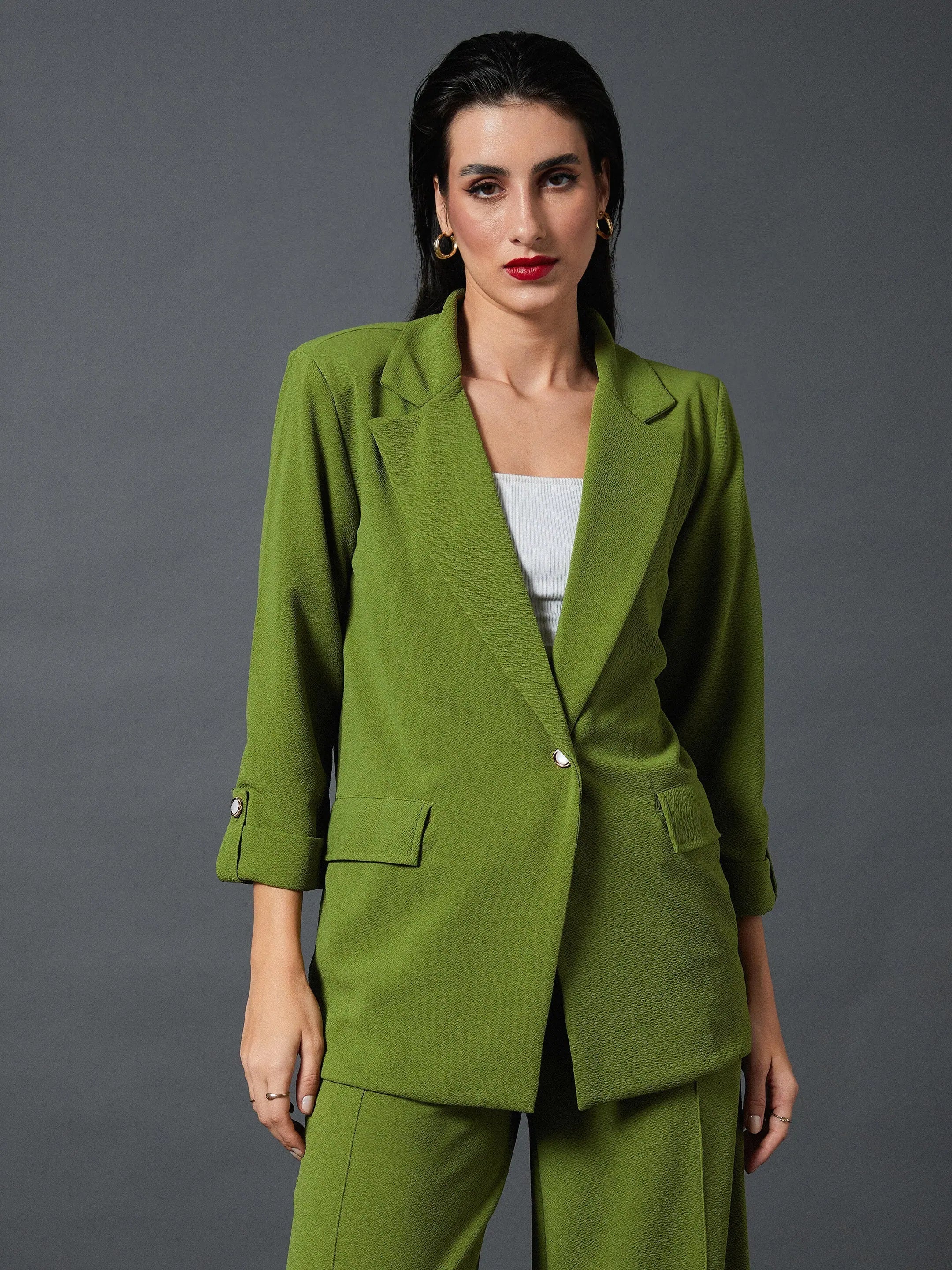 Women Olive Front Button Blazer Women's Daily Blazer