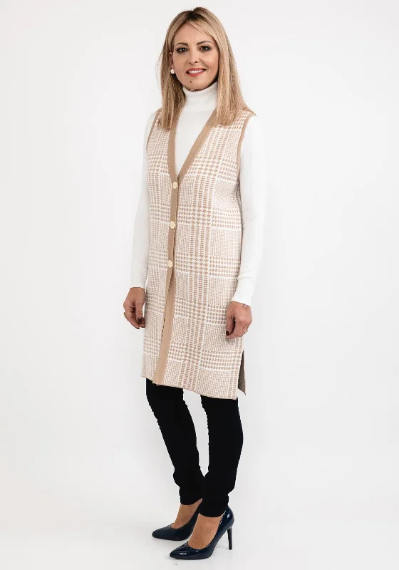 Micha Houndstooth Knit Sleeveless Long Cardigan, Beige Ribbed Striped Patterned Ribbed Striped Patterned