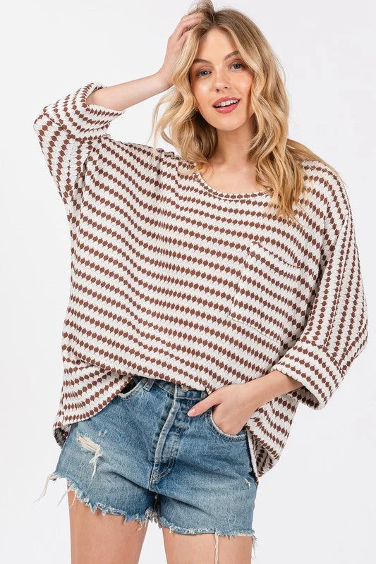 BROWN STRIPED 3/4 SLEEVES FRONT PATCH POCKET KNIT TOP CFTY12894SB Minimalist Knit Blouse