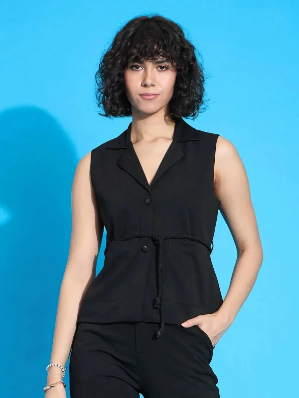 Women Black Sleeveless Front Tie-Up Blazer Women's Unique Blazer