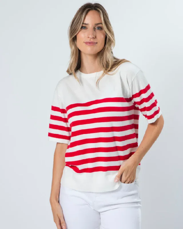 Stella + Gemma Baldwin Knit Top - Red/White Stripe Asymmetrical Knit Blouse