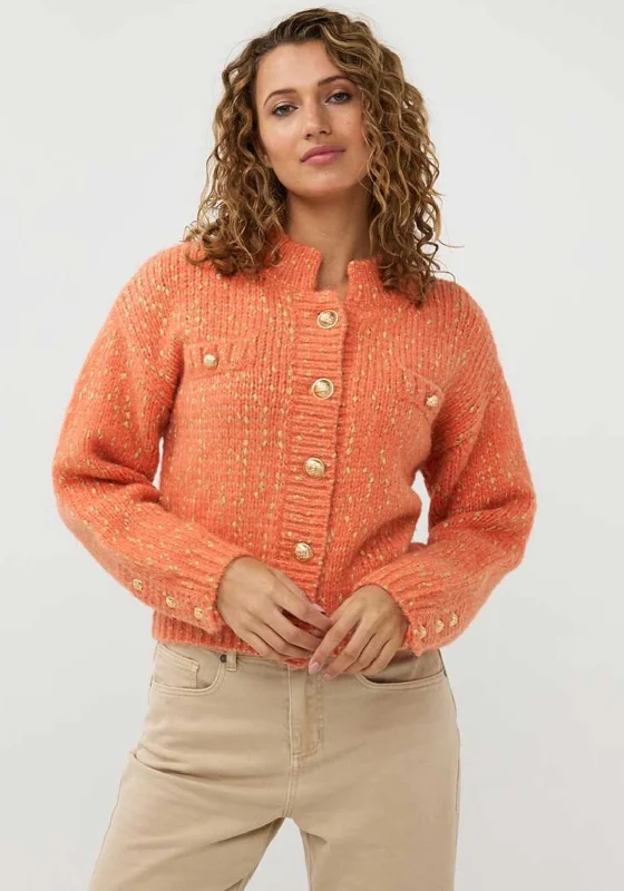 Esqualo Thick Knit Button Up Cardigan, Orange Print Jacquard Patchwork Print Jacquard Patchwork