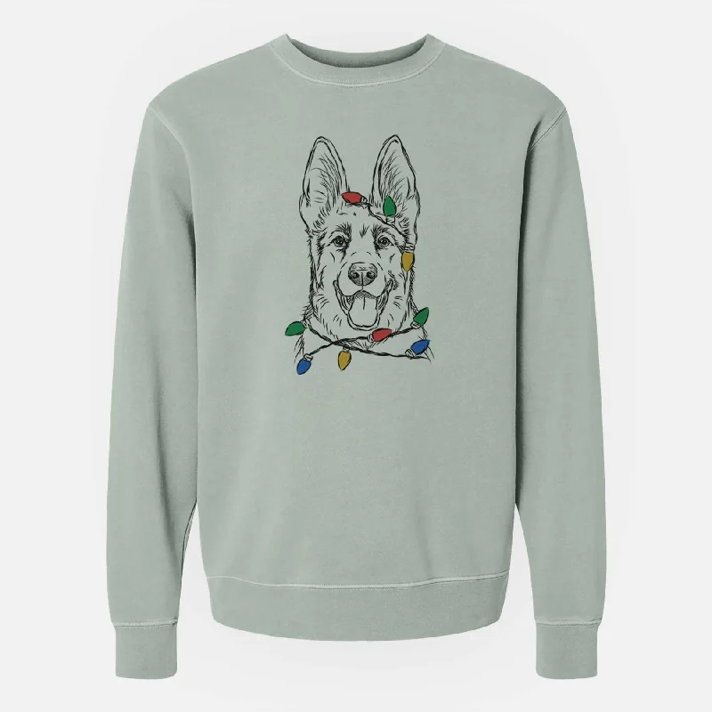 Christmas Lights Brutus the German Shepherd - Unisex Pigment Dyed Crew Sweatshirt Hoodie with Belted Waist Structured Tailored Hoodie with Belted Waist Structured Tailored