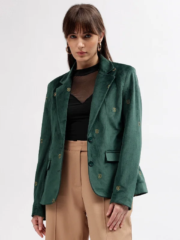 Iconic Women Green Solid Notch Lapel Full Sleeves Single Breasted Blazer Women's Brand Blazer