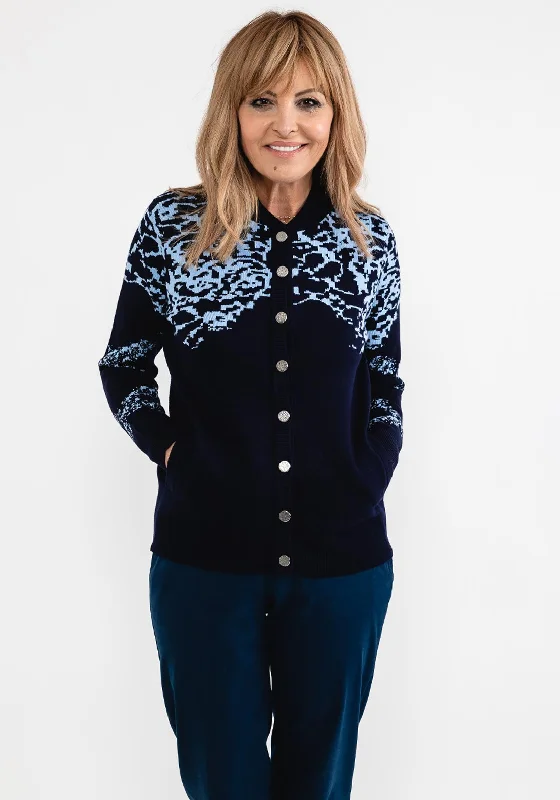 Castle of Ireland Printed Shoulder Cardigan, Navy Satin Blend Silk Blend Wool Blend Satin Blend Silk Blend Wool Blend