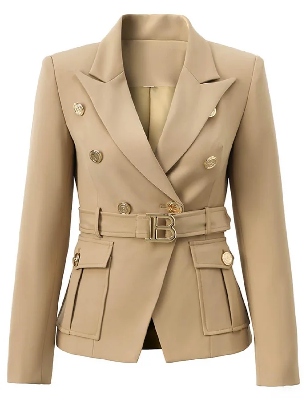 Ladies Solid Color Double Breasted Belted Blazer 2802 Women's High-End Blazer