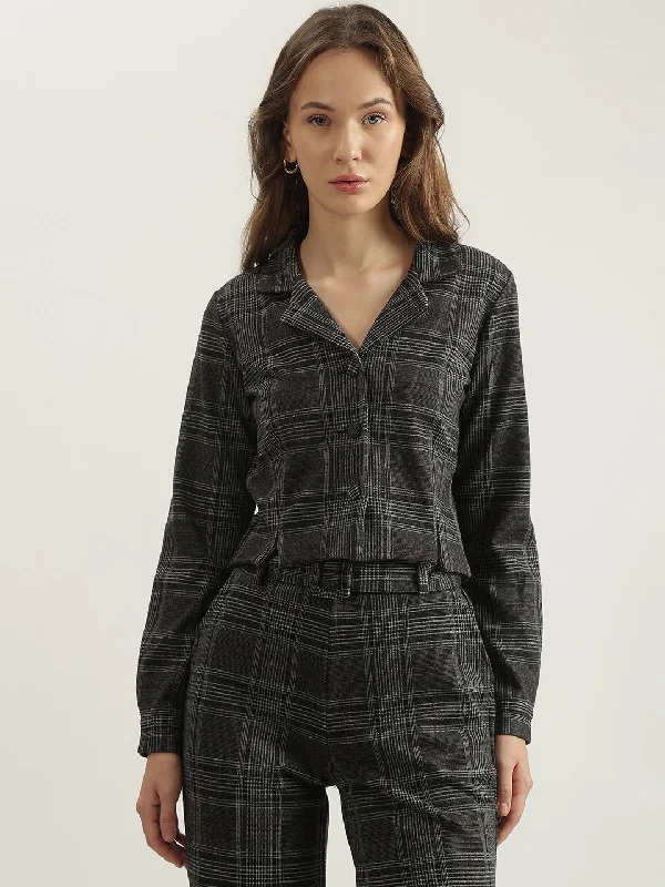 Elle Women Grey Checked Notched Lapel Collar Full Sleeves Single Breasted Blazer Women's Solid Blazer