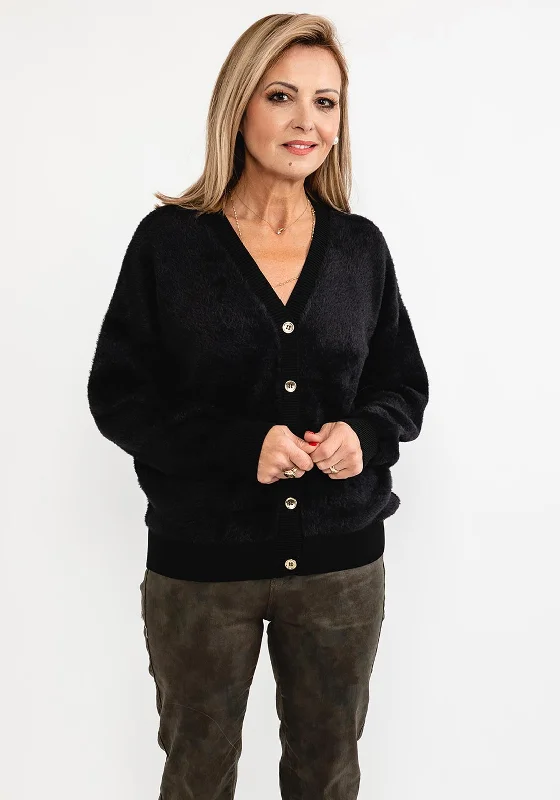 Eva Kayan Faux Fur Knit Short Cardigan, Black Zippered Buttoned Snapped Zippered Buttoned Snapped