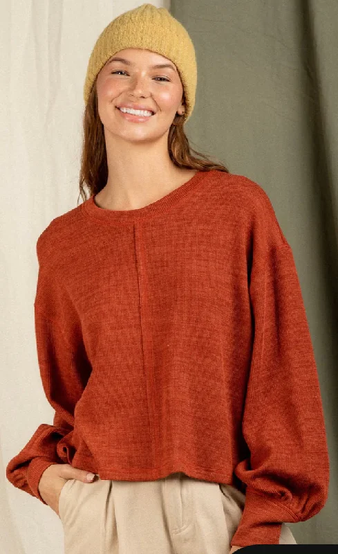 Balloon Sleeve Solid Knit Top Long Sleeve Knit Tee