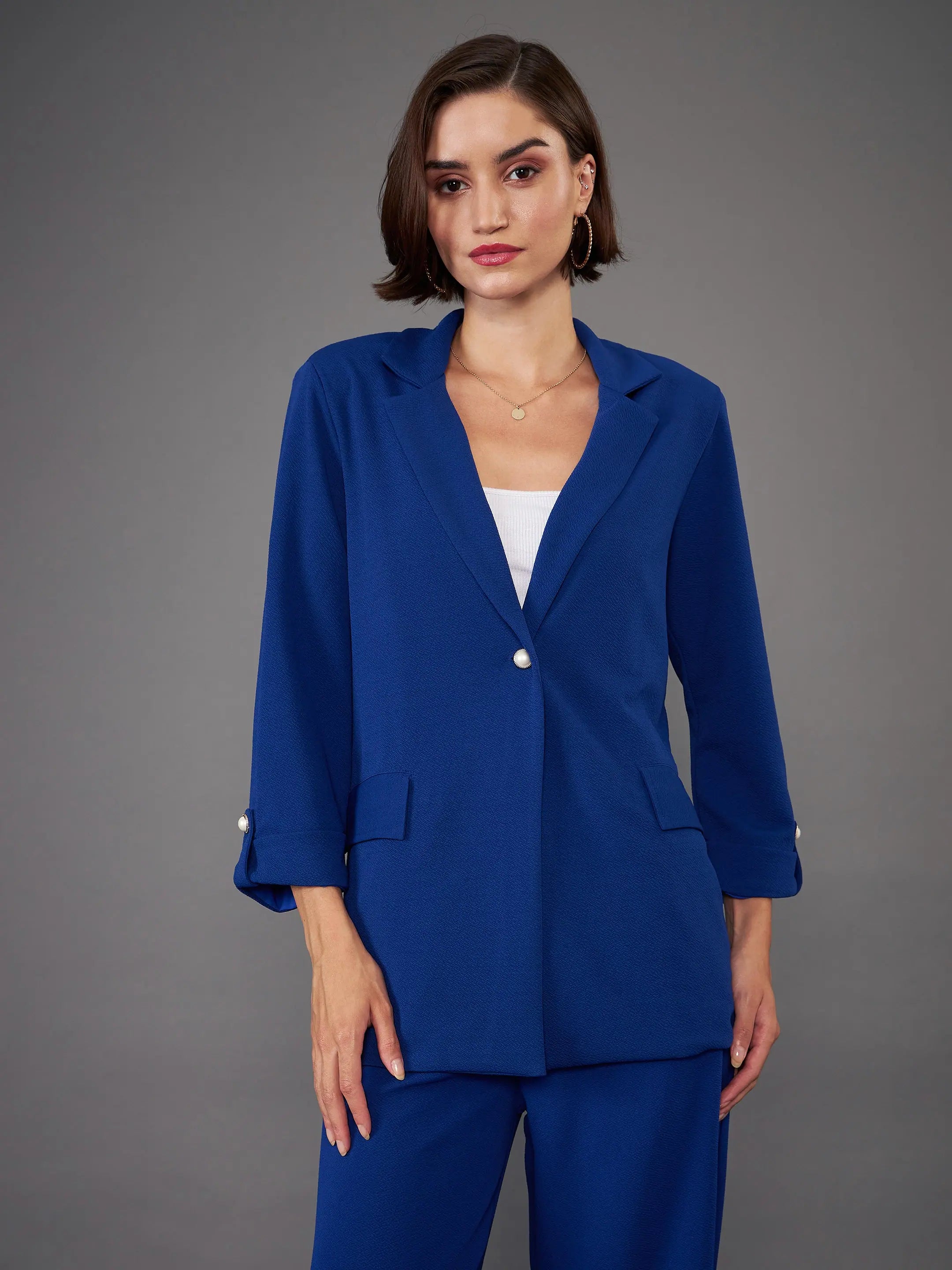 Women Royal Blue Front Button Blazer Women's Business Blazer