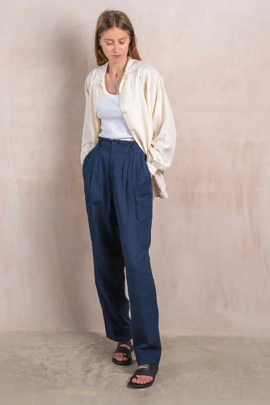 Navy Tapered Silk Mix Trousers Trousers Plaid Checkered Trousers Plaid Checkered