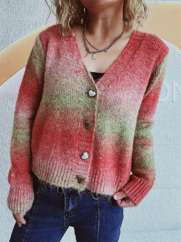 Gradient Heart Shape Button V-Neck Cardigan Elasticated Padded Insulated Elasticated Padded Insulated Gradient Heart Shape Button V-Neck Cardigan Elasticated Padded Insulated Elasticated Padded Insulated