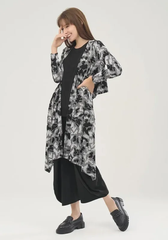 Ever Sassy Camouflage Inspired Long Front Cardigan, Grey Thin Thick Dense Thin Thick Dense