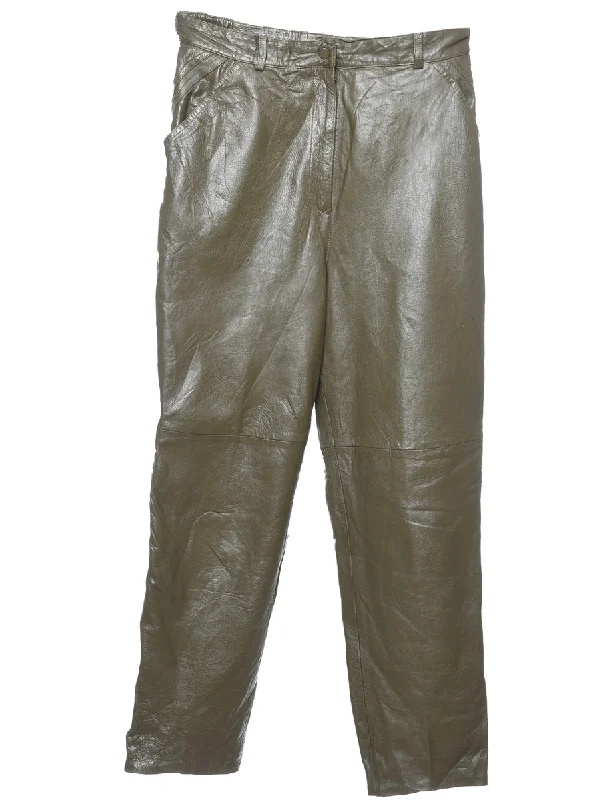 Olive Green Faux Leather Trousers - W30 L28 Trousers practical easy-care Trousers practical easy-care