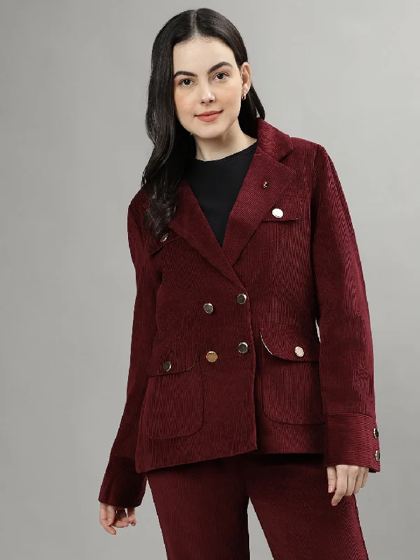 Iconic Women Wine Solid Notch Lapel Full Sleeves Blazer Women's Luxury Jacket