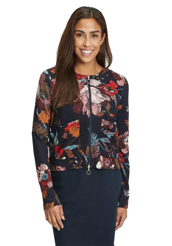 Betty Barclay Floral Ribbed Knit Cardigan, Navy Multi Solid Color Striped Floral Print Solid Color Striped Floral Print