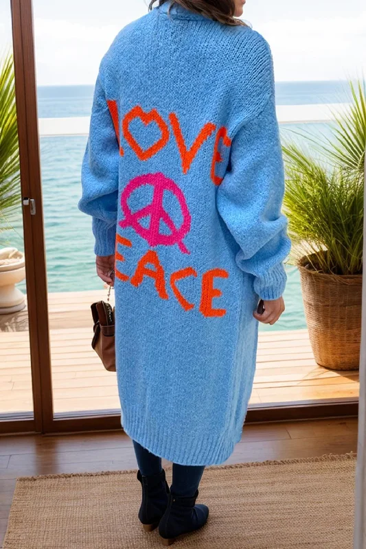 Peace Sign Long Sleeve Cardigan Velvet Chenille Corduroy Velvet Chenille Corduroy