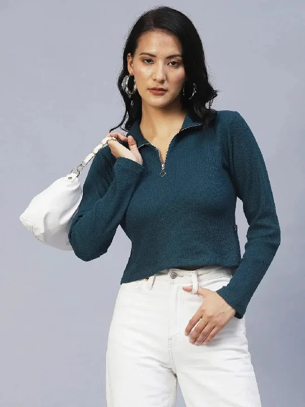 Rigo High Collar Half Zipper Waffle Knit Top-WTOP355-1395-L Cotton Knit Shirt