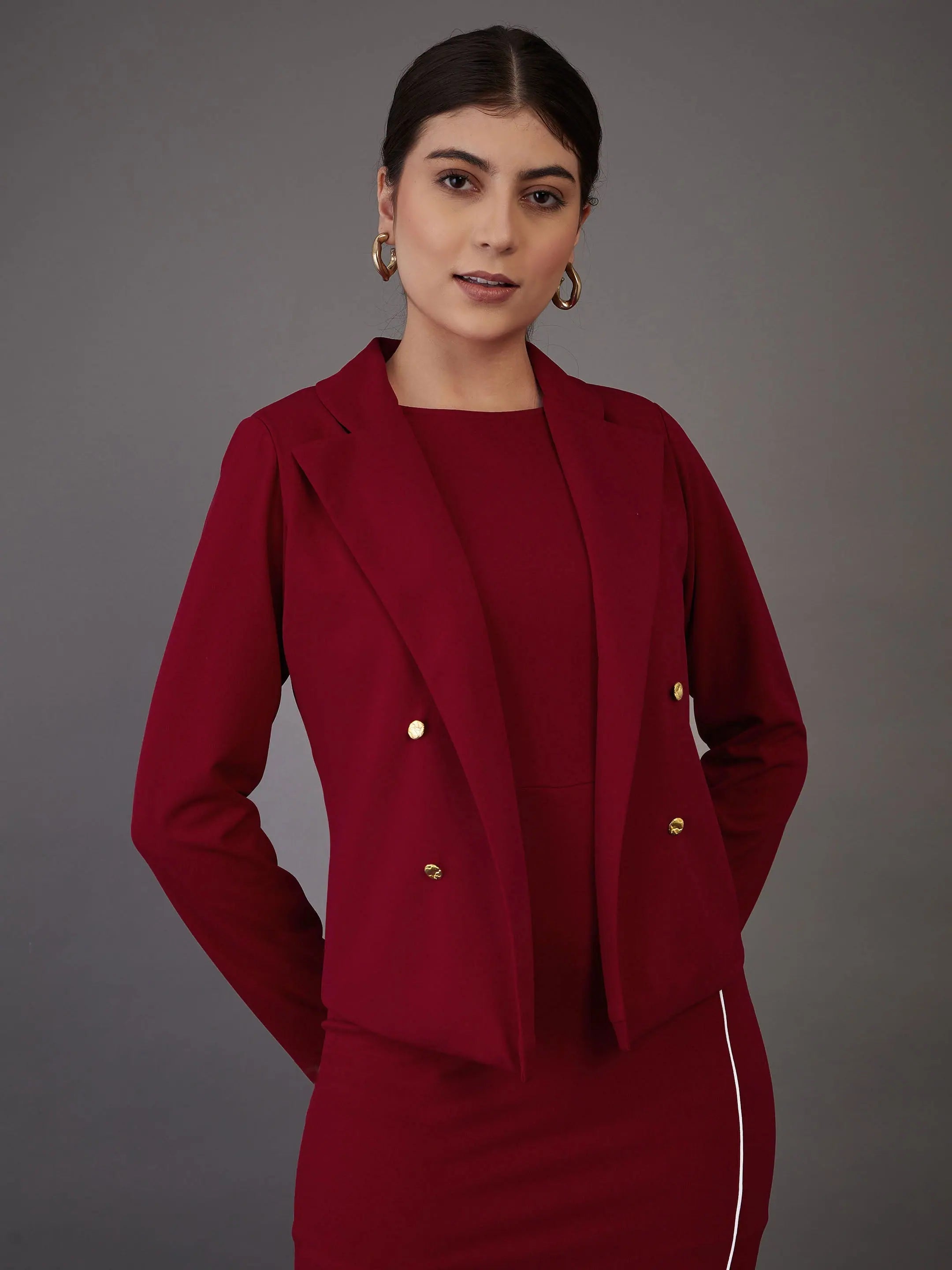 Women Red Notch Collar Single-Breasted Blazer Women's Unique Blazer