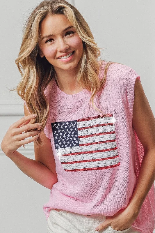 Pink American Flag Sequin Knit Top Olive Green Knit Blouse