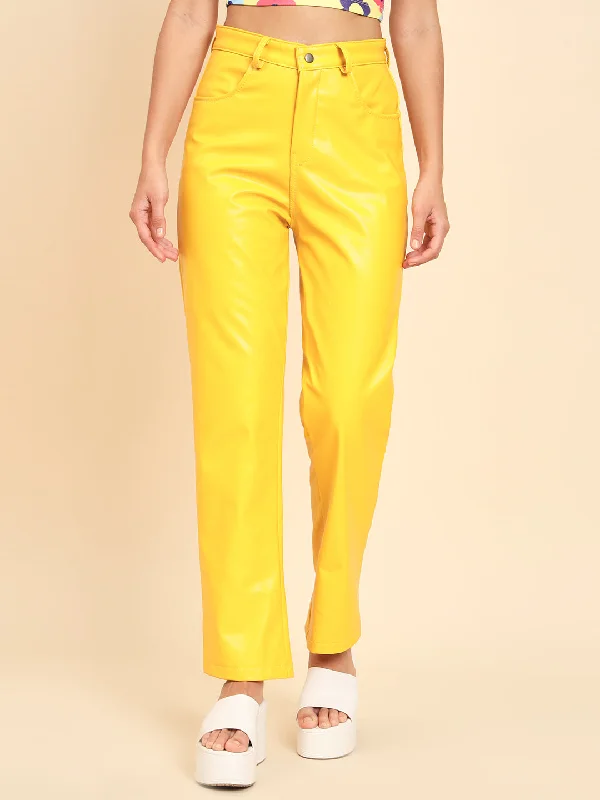 TANDUL Women Regular Fit Yellow Faux Leather Trousers Trousers Hiking Durable Trousers Hiking Durable TANDUL Women Regular Fit Yellow Faux Leather Trousers Trousers Hiking Durable Trousers Hiking Durable