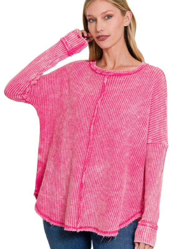 DOOR BUSTER: Fuchsia Waffle Knit Top Jet Black Knit Tee