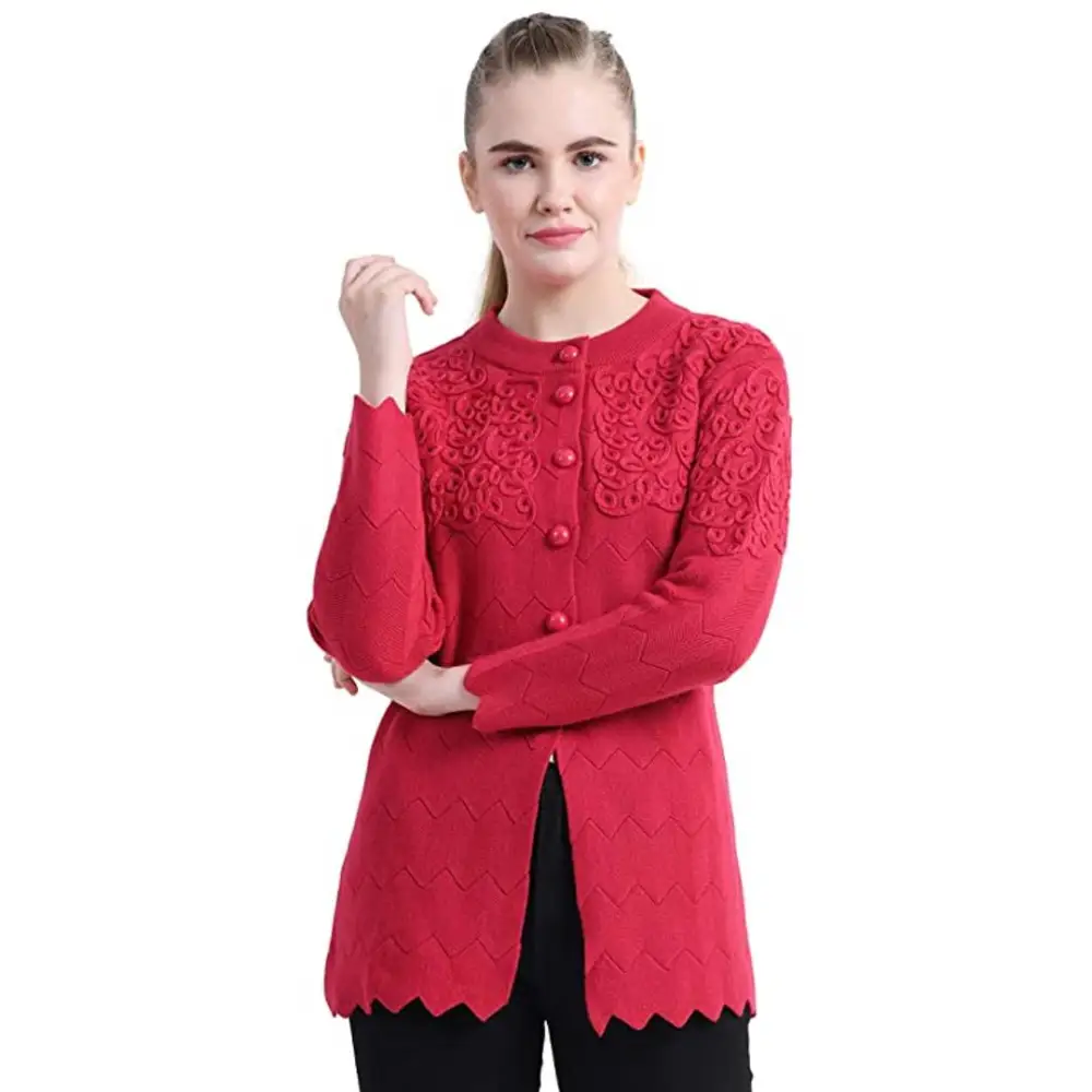 Stylish Red Woolen Button Closure Cardigan For Women Casual Formal Business Casual Formal Business