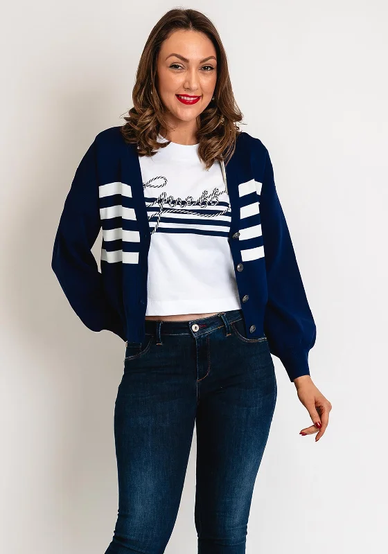 Guess Womens Embroidered Logo Striped Cardigan, Navy Boxy Cardigan Fitted Cardigan A-Line Boxy Cardigan Fitted Cardigan A-Line