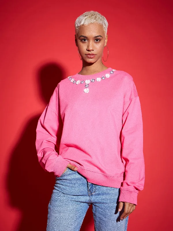 Women Pink Terry Neck Sequin Embellished Oversized Sweatshirt Hoodie with Mock Neck Collared Structured Hoodie with Mock Neck Collared Structured Women Pink Terry Neck Sequin Embellished Oversized Sweatshirt Hoodie with Mock Neck Collared Structured Hoodie with Mock Neck Collared Structured