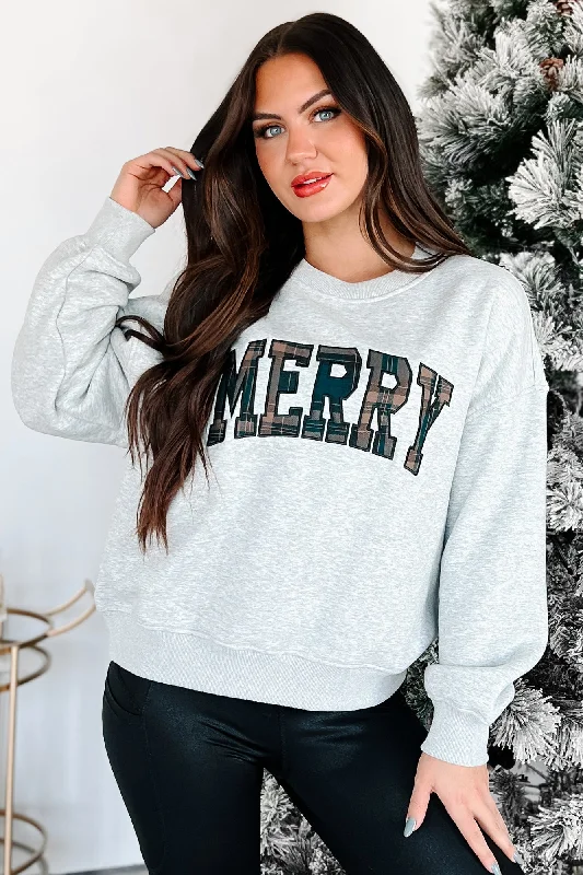 On The Cute List Graphic "Merry" Sweatshirt (Heather Grey) Hoodie with Fur Luxurious Winter Hoodie with Fur Luxurious Winter