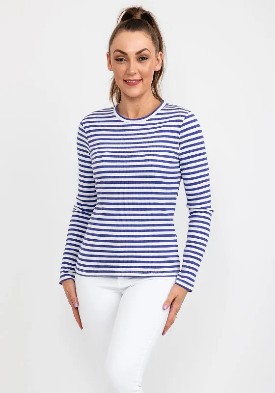 b.young Long Sleeve Stripe Knit Top, Purple Recycled Knit Tee