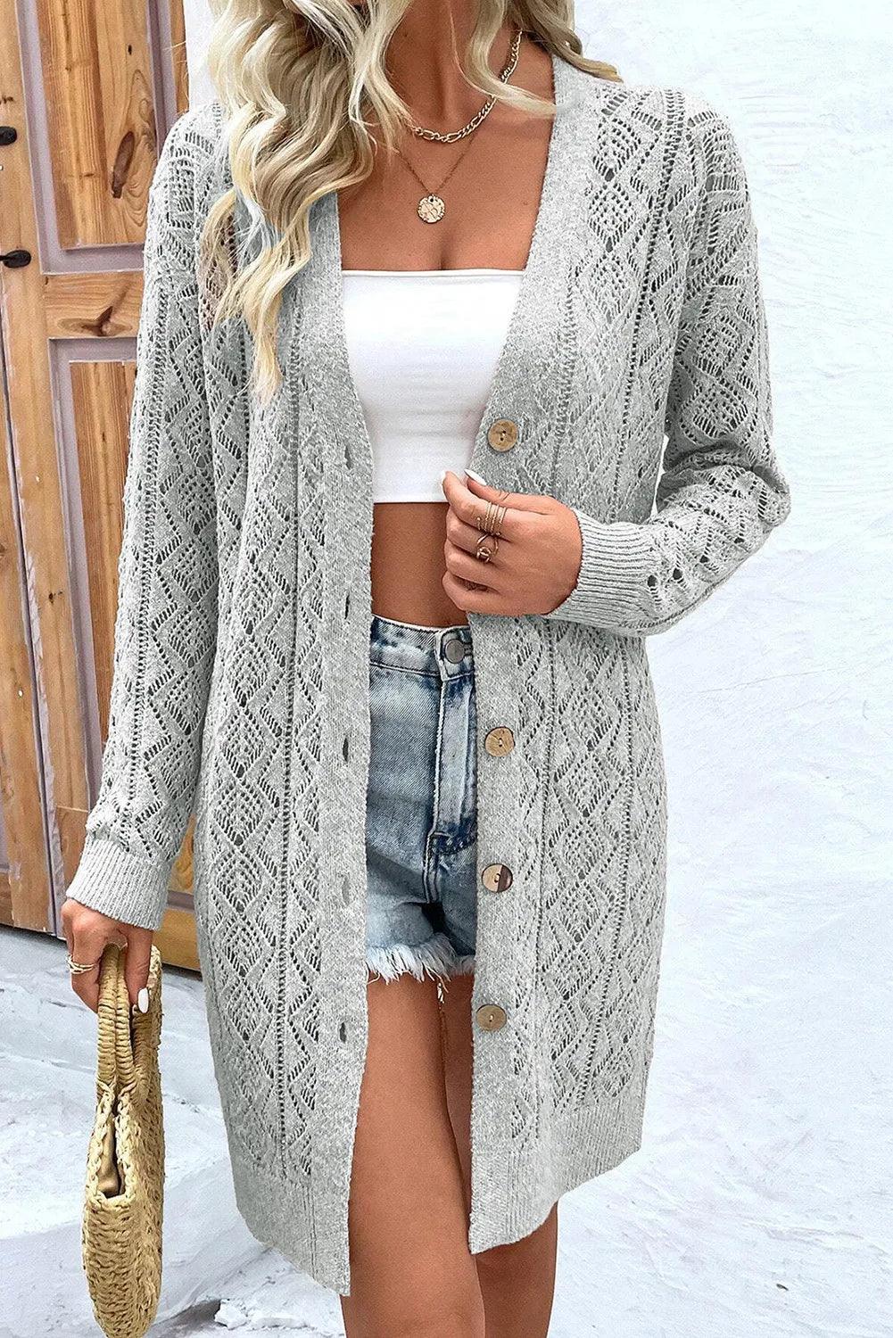 Openwork Button Down Long Sleeve Cardigan Real Fur Shearling Chenille Real Fur Shearling Chenille Openwork Button Down Long Sleeve Cardigan Real Fur Shearling Chenille Real Fur Shearling Chenille