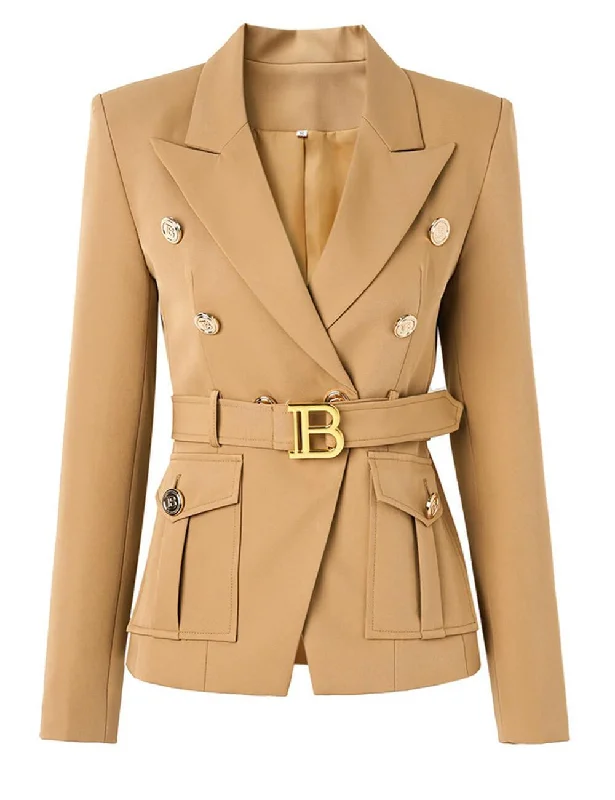 Ladies Solid Color Double Breasted Belted Blazer 0802 Women's Boutique Suit