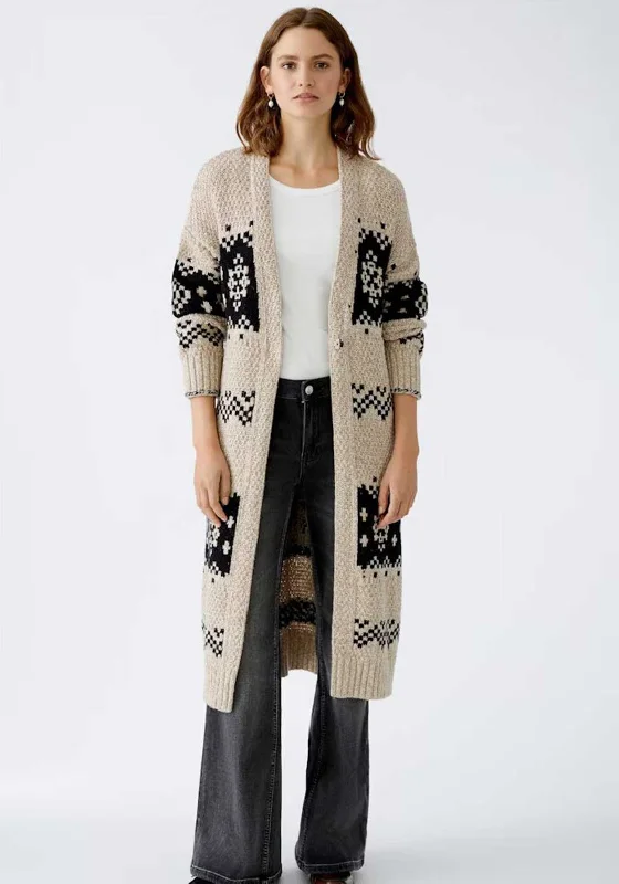 Oui Wool Coton Blend Knit Long Cardigan, Beige Welt Pockets Slit Pockets Flap Pockets Welt Pockets Slit Pockets Flap Pockets