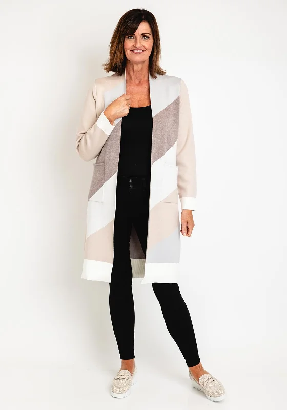 Natalia Collection Long Open Knit Cardigan, Cream Brown Terry Terry Cloth Terry Knit Terry Terry Cloth Terry Knit