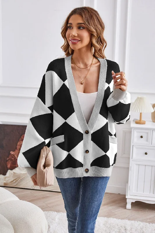 Geometric Lantern Sleeve Cardigan with Pockets Casual Formal Business Casual Formal Business Geometric Lantern Sleeve Cardigan with Pockets Casual Formal Business Casual Formal Business