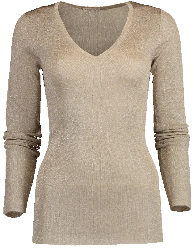 Long Sleeve Lurex V-Neck Knit Top Budget-Friendly Knit Tee