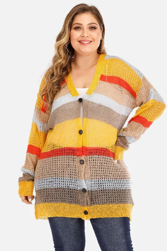 Plus Openwork Color Block Button Up Cardigan Open Front Closed Front Wrap Front Open Front Closed Front Wrap Front Plus Openwork Color Block Button Up Cardigan Open Front Closed Front Wrap Front Open Front Closed Front Wrap Front