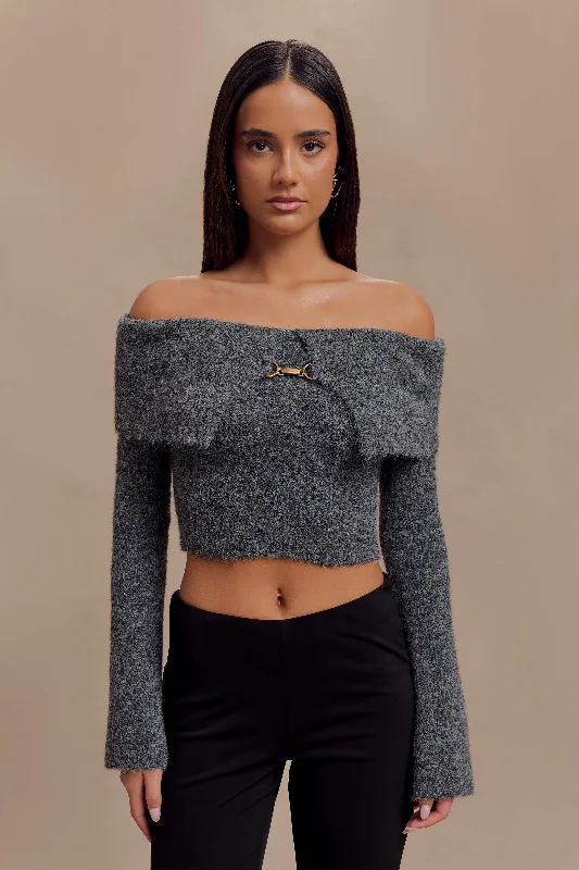 Baxter Off Shoulder Fluffy Knit Top - Charcoal Spring Knit Blouse