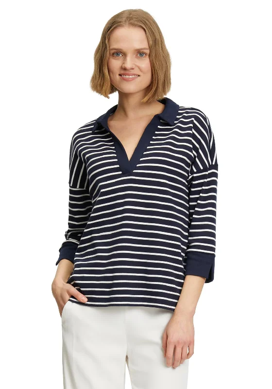 Betty Barclay Striped Open Collar Knit Top, Navy & White Retro Knit Shirt