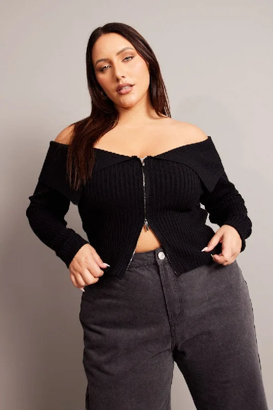 Black Off Shoulder Knit Top Polo Neck Knit Top